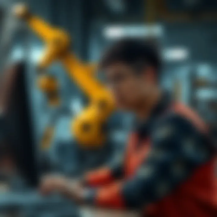 A worried worker looking at a computer screen with a robotic arm in the background, symbolizing the replacement of human jobs by technology.