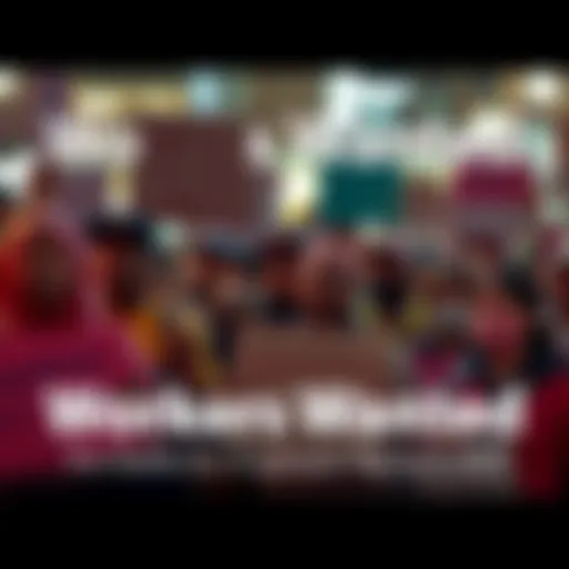 A group of diverse workers holding signs advocating for fair wages and employee rights during a rally.
