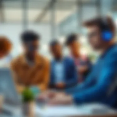 A diverse group of workers using AI tools in a modern office setting, showcasing collaboration and technology in the workplace