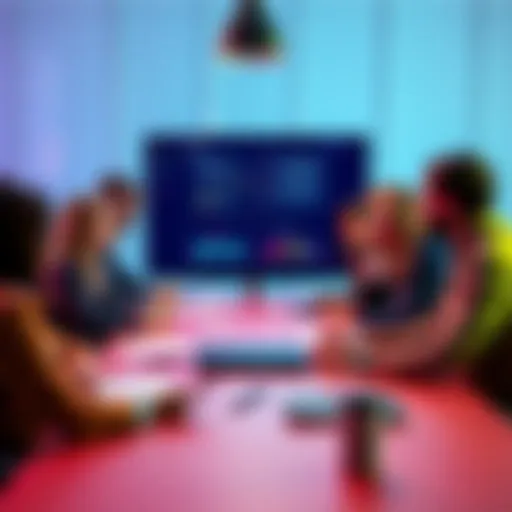 A group of diverse professionals brainstorming innovative ideas around a table, with a digital workflow interface displayed on a screen.