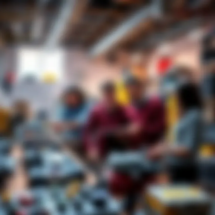 A group of employees collaborating on a design project in a prototyping firm, surrounded by tools and prototypes.