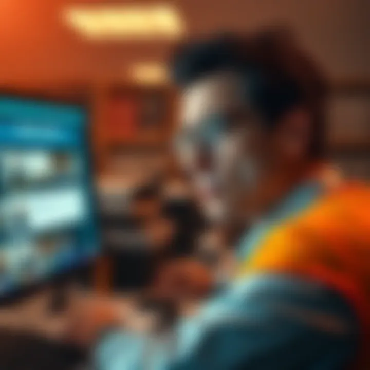 A tense office environment with a worker looking concerned while reading a threatening message on a computer screen.