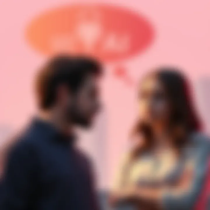 A couple looking worried while discussing having children, with a thought bubble depicting AI technology in the background