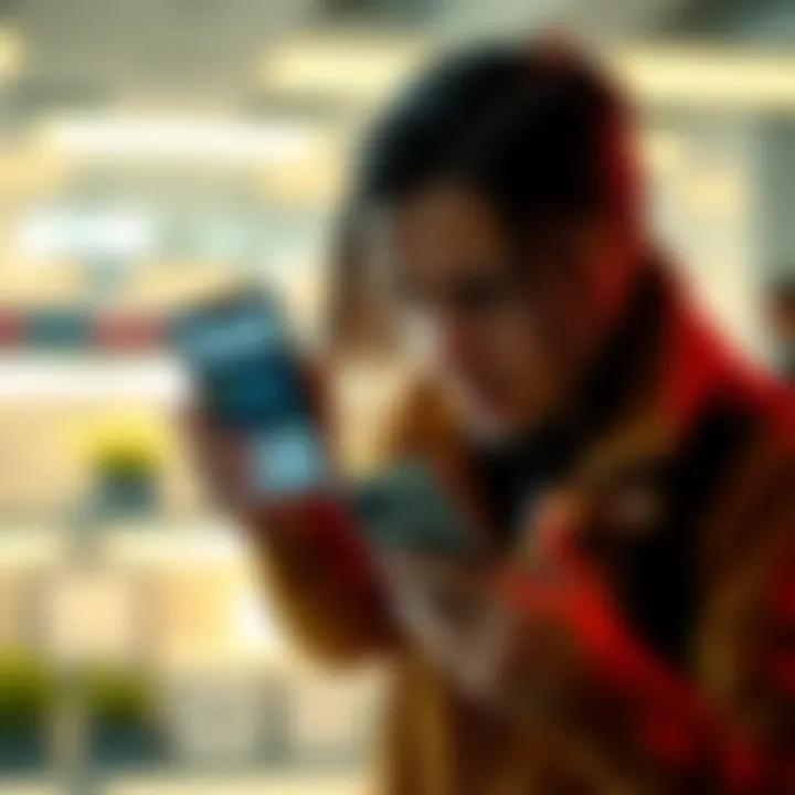 A concerned individual holding a smartphone, showing bank account details while looking anxious about privacy issues.