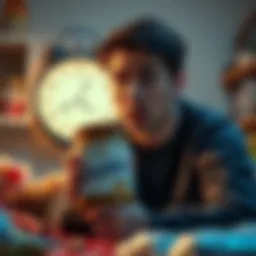 A person with a worried expression holding an empty Ovaltine container late at night, surrounded by snacks and a glowing clock showing the late hour.
