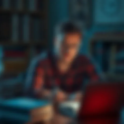 A writer looking thoughtful, surrounded by books and a laptop, illustrating their discontent with AI in art