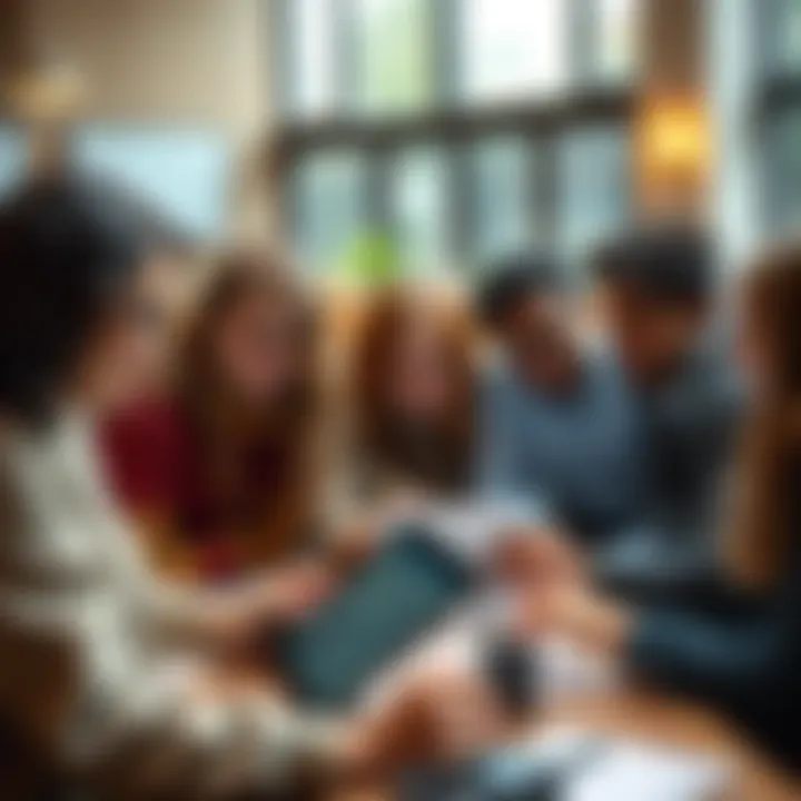 A group of people sharing their creative writing on a digital platform, showcasing their work on laptops and tablets in a friendly environment.