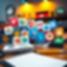 A collection of writing software logos on a desk with a notepad and pen