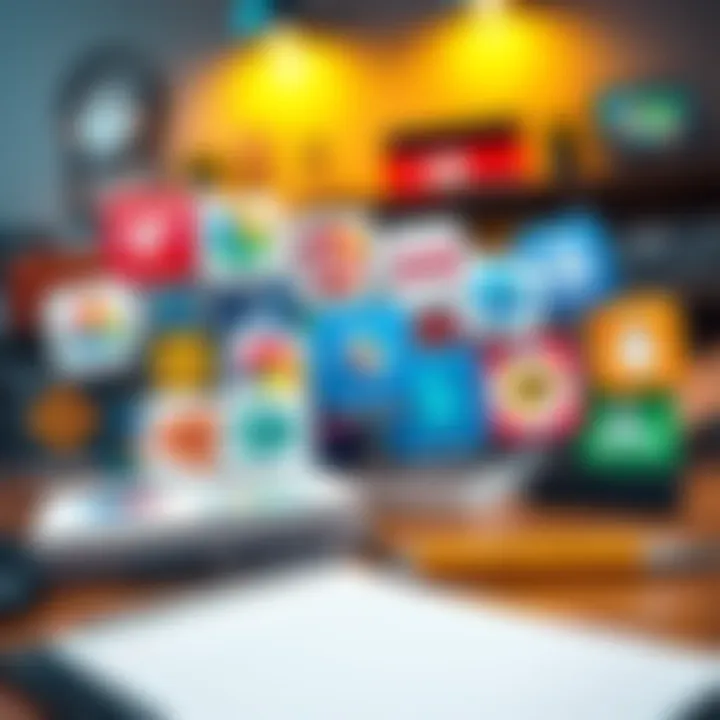 A collection of writing software logos on a desk with a notepad and pen