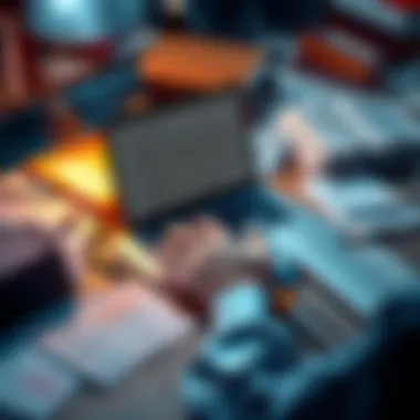 A person typing on a laptop surrounded by notes and books, illustrating writing techniques and storytelling.
