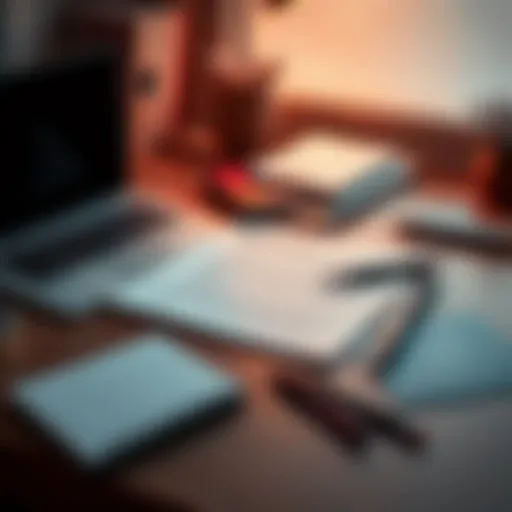 A writer's desk with a laptop, papers, and writing utensils, illustrating tools for creating scripts and stories