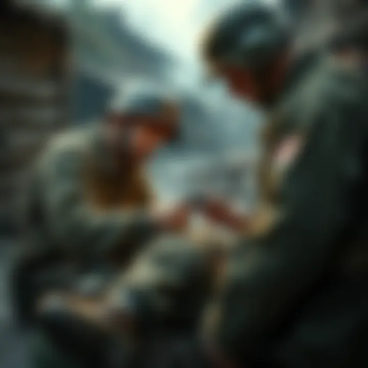 A World War II medic tending to a wounded soldier in a war-torn village setting, with realistic uniforms and equipment.