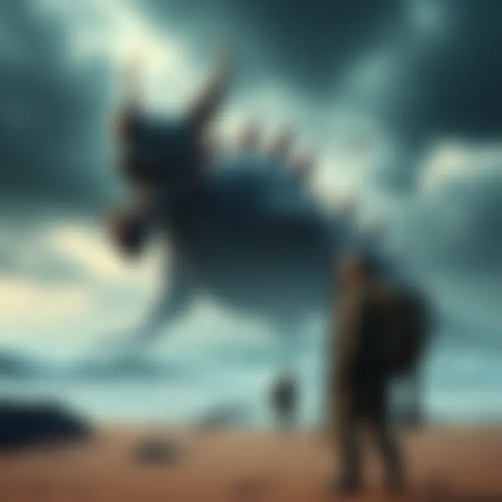 A soldier in WWII gear stands on a beach, facing a large mythical creature inspired by Japanese folklore, with stormy skies above.