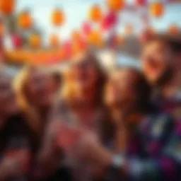 People joyfully celebrating together, sharing smiles and laughter in a vibrant outdoor setting.