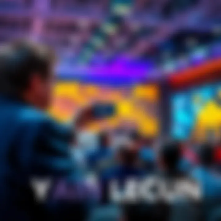 Yann LeCun discussing AI challenges at a tech conference, with a backdrop of audience and tech-themed graphics