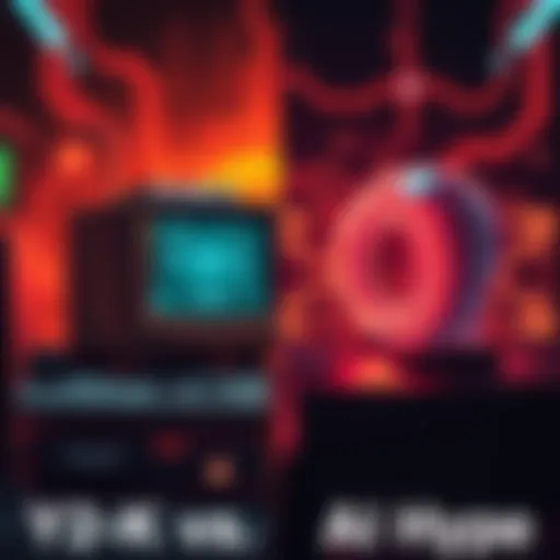 A split image showing an old computer from the Y2K era on one side and a modern AI interface on the other, reflecting the hype of both eras.