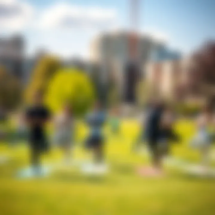 A group of people stretching and doing yoga poses in a park in Replikatown on a sunny Sunday morning