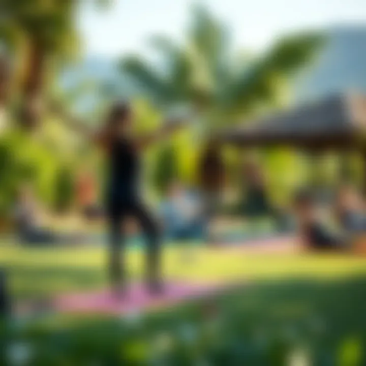 Sarah and Annika leading a yoga class outdoors, people practicing yoga on mats amidst greenery, relaxing atmosphere