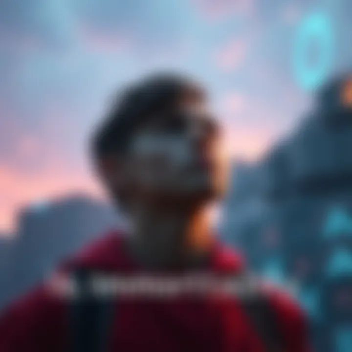Young adult contemplating immortality An 18-year-old person gazing thoughtfully into the distance, surrounded by futuristic elements representing immortality and virtual experiences