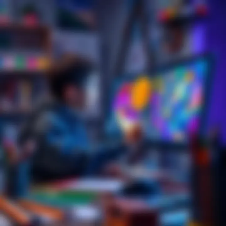 A young artist uses an AI program on a computer to generate colorful artwork, surrounded by various art supplies.