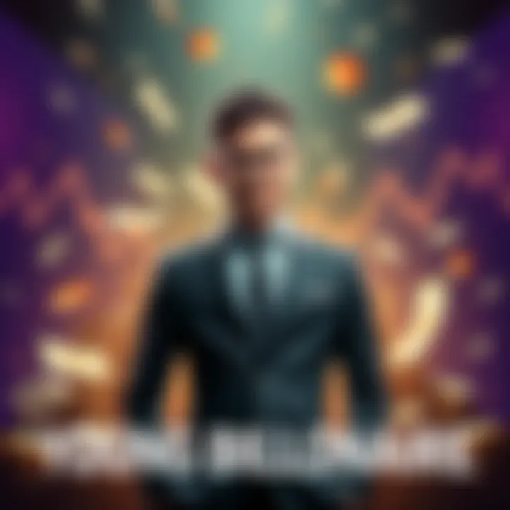 A young man in a suit stands confidently, surrounded by financial symbols like money and charts, representing success and wealth claims.