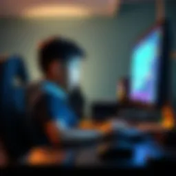 A young Brazilian gamer sits at a computer, using Game Maker to create a video game. They are focused, with a bright screen showing game design elements.