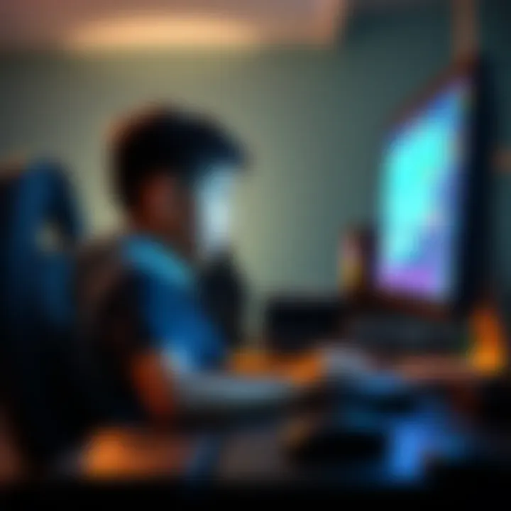 A young Brazilian gamer sits at a computer, using Game Maker to create a video game. They are focused, with a bright screen showing game design elements.