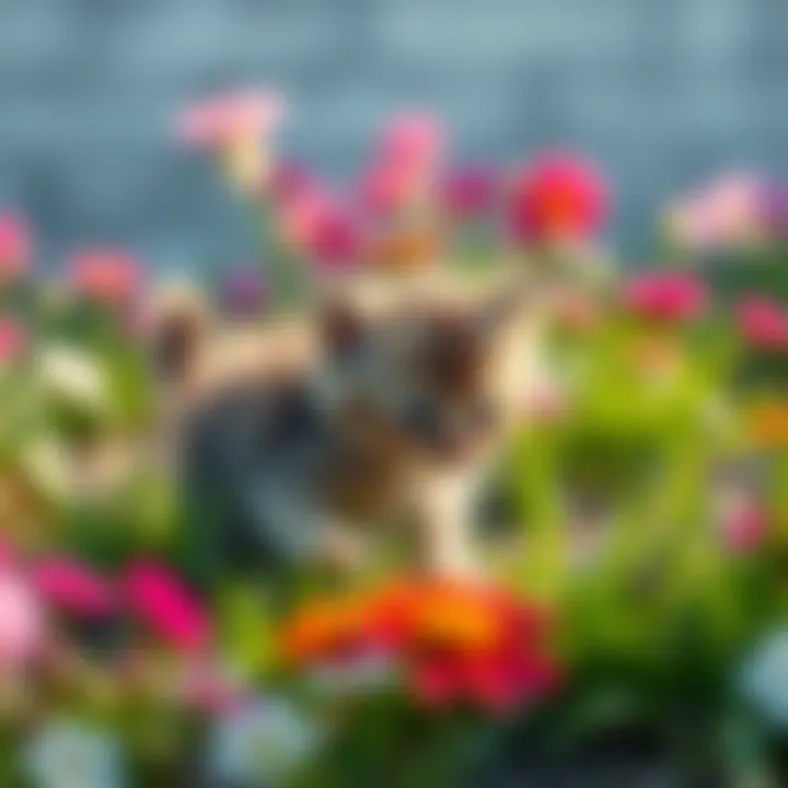 A small, fluffy kitten curiously exploring a garden filled with flowers and grass.