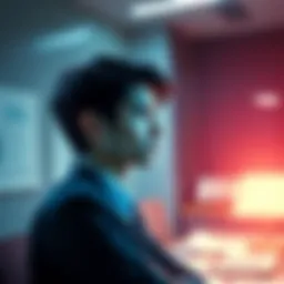 A young professional with a biology degree reflecting on their career choices in a law office setting with legal documents around.