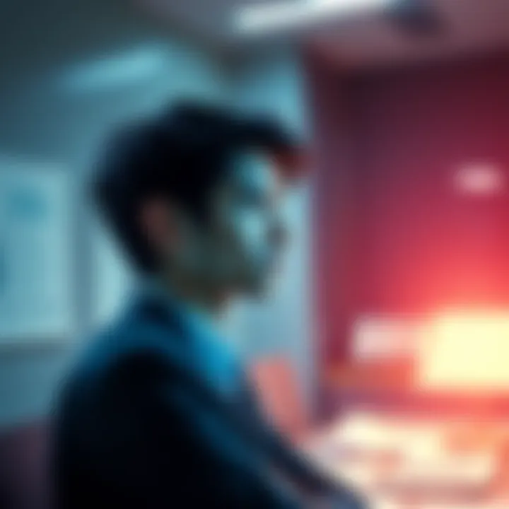 A young professional with a biology degree reflecting on their career choices in a law office setting with legal documents around.