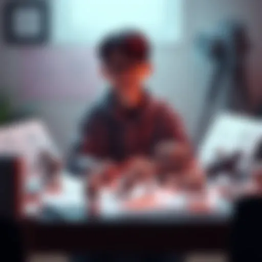 A 15-year-old 3D artist displays his latest models created in Blender and Magma, surrounded by sketches and design notes.