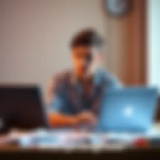 A young person sitting at a desk with a laptop, looking thoughtfully at career options, papers scattered around, symbolizing a transition to a Prompt Engineer role.