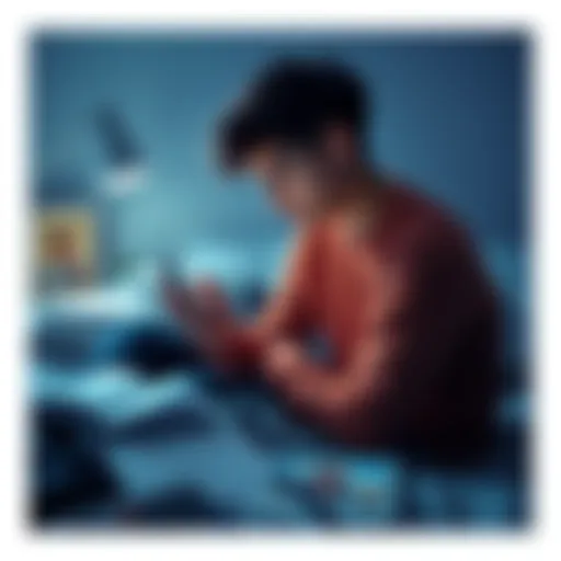 A 19-year-old sitting on the bed, looking at a phone with a chat app open, reflecting on life challenges while surrounded by work materials and a family photo.