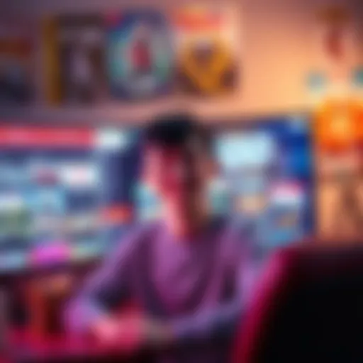 A young adult in their mid-20s smiles while sitting in front of a computer screen displaying 400 game wishlists, surrounded by game posters and snacks.