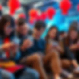 Young adults using smartphones Group of young adults sitting together, engrossed in their smartphones, displaying signs of immaturity and distraction, with playful expressions.