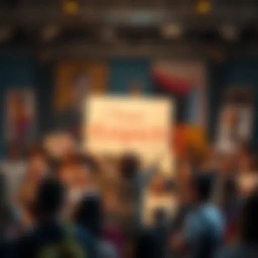 A young artist stands on a stage, holding a sign that reads 'Choose Respect'. They address a crowd of diverse people, promoting civil dialogue against AI-generated art.