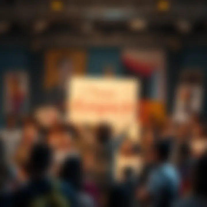 A young artist stands on a stage, holding a sign that reads 'Choose Respect'. They address a crowd of diverse people, promoting civil dialogue against AI-generated art.