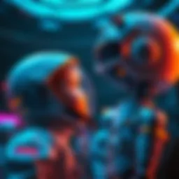 A young child in a space suit looks up at a robot in a space setting, symbolizing the clash between aspiration and automation.