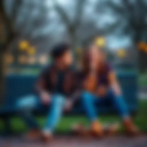 A young couple sitting together on a park bench, talking about relationships with thoughtful expressions.