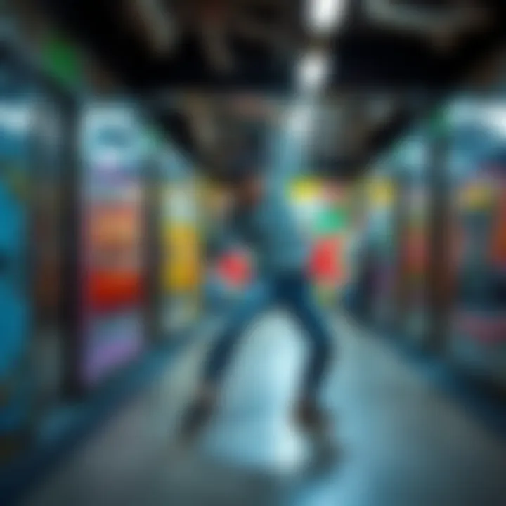 A street dancer performing in front of colorful graffiti on a subway wall in New York City.