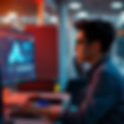 A young software developer looking at a computer screen with AI graphics and job listings, showing concern about future job prospects.