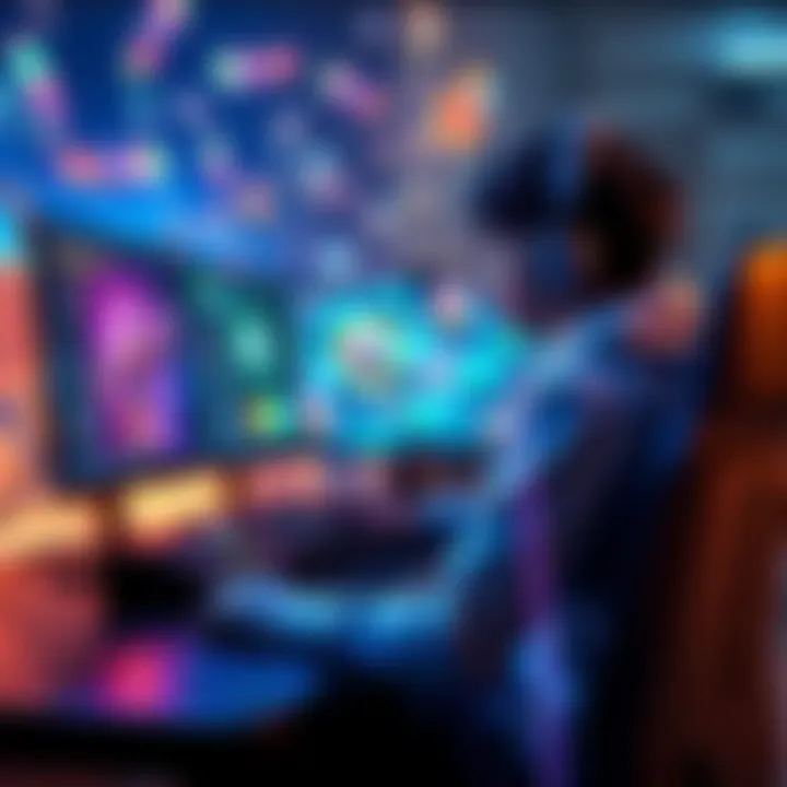 A young game developer sits at a computer, programming with AI tools on the screen, surrounded by colorful game art and design elements.