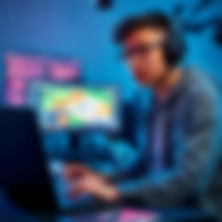 A college student focused on learning game development with a laptop and Unity software open, brainstorming ideas for their own game.