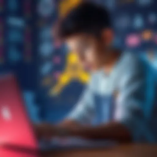 A motivated 17-year-old entrepreneur looking at a laptop with AI coding examples on the screen, seeking guidance for his business idea.
