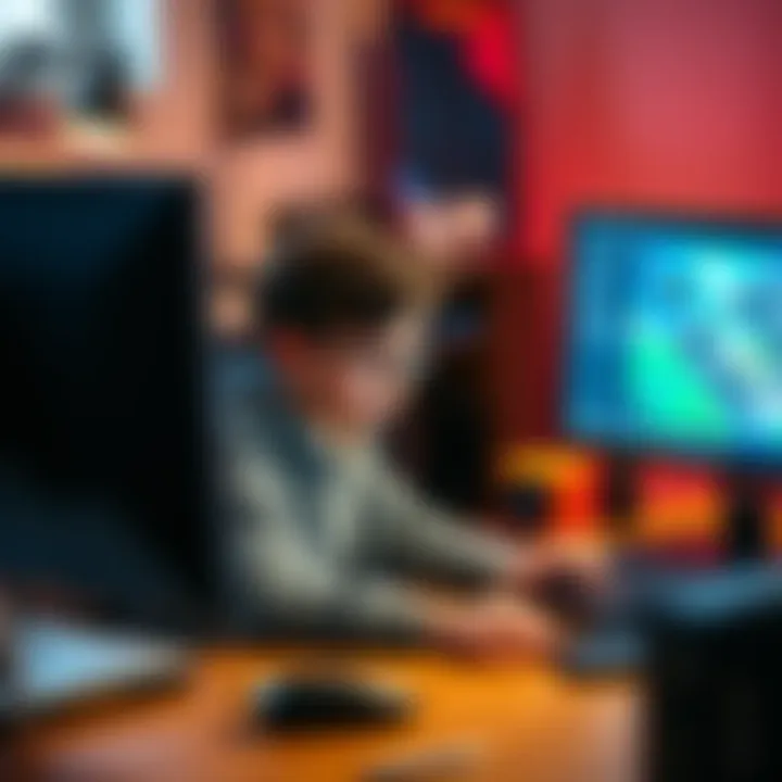 A 13-year-old game developer working on a computer with game design software open, showing determination while brainstorming ideas.