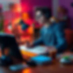 A 17-year-old game developer sits at a desk with a laptop, sketching game ideas on paper and looking focused as they plan their indie game project.