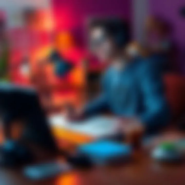 A 17-year-old game developer sits at a desk with a laptop, sketching game ideas on paper and looking focused as they plan their indie game project.