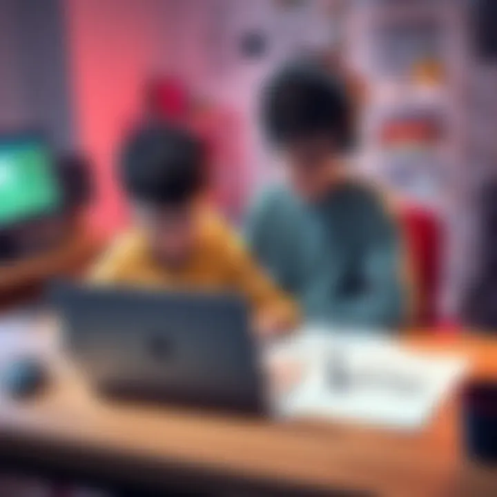 A 14-year-old boy sitting at a desk with a laptop, sketching game ideas on paper and looking inspired, seeking advice from experienced developers.