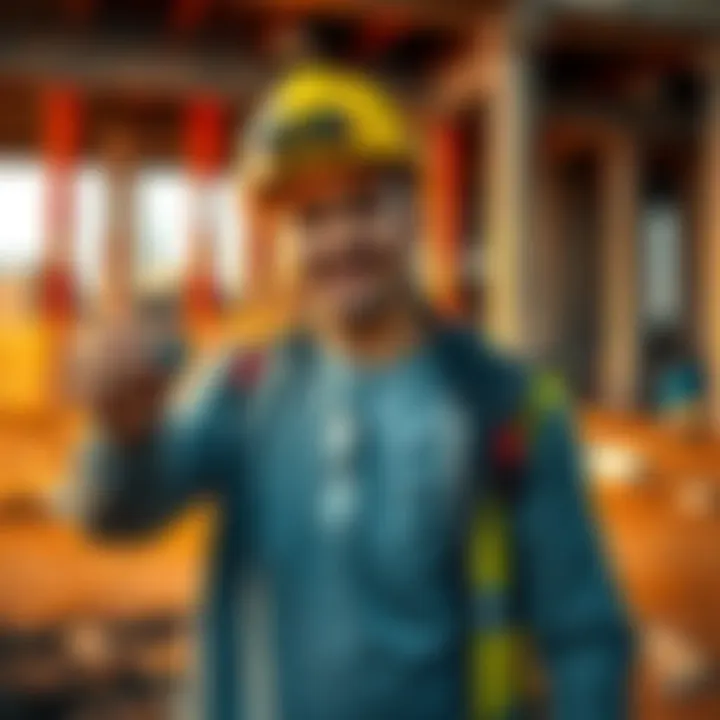 A 29-year-old man holding a sample of his magnetic cement, standing in a construction site with workers in the background