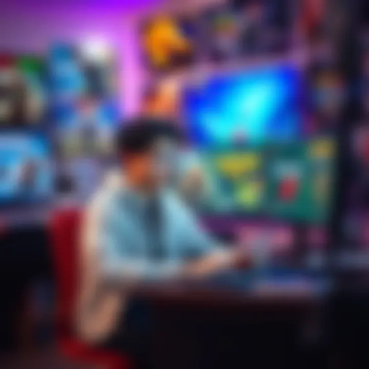 A young man sitting at a desk with a laptop, surrounded by video game posters, looking thoughtful and taking notes, reflecting his passion for game development.